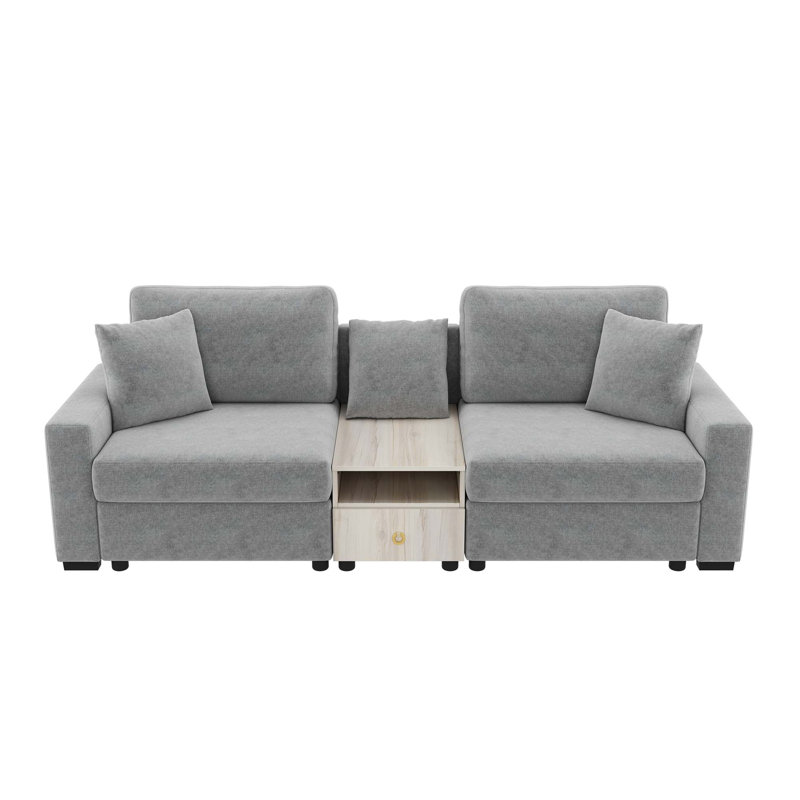 Canapé moderne en chenille avec accoudoirs de rangement et console centrale, Chenille - gris