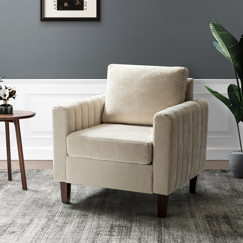 Fauteuil club Ardarius avec pieds en bois, Polyester ivoire