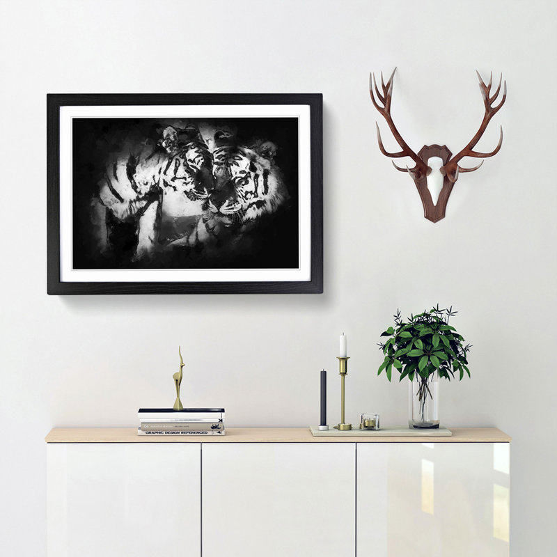 Two Snuggling Tigers in Abstract - Picture Frame Painting Print, 62cm H x 87cm W x 2cm D, Black Framed