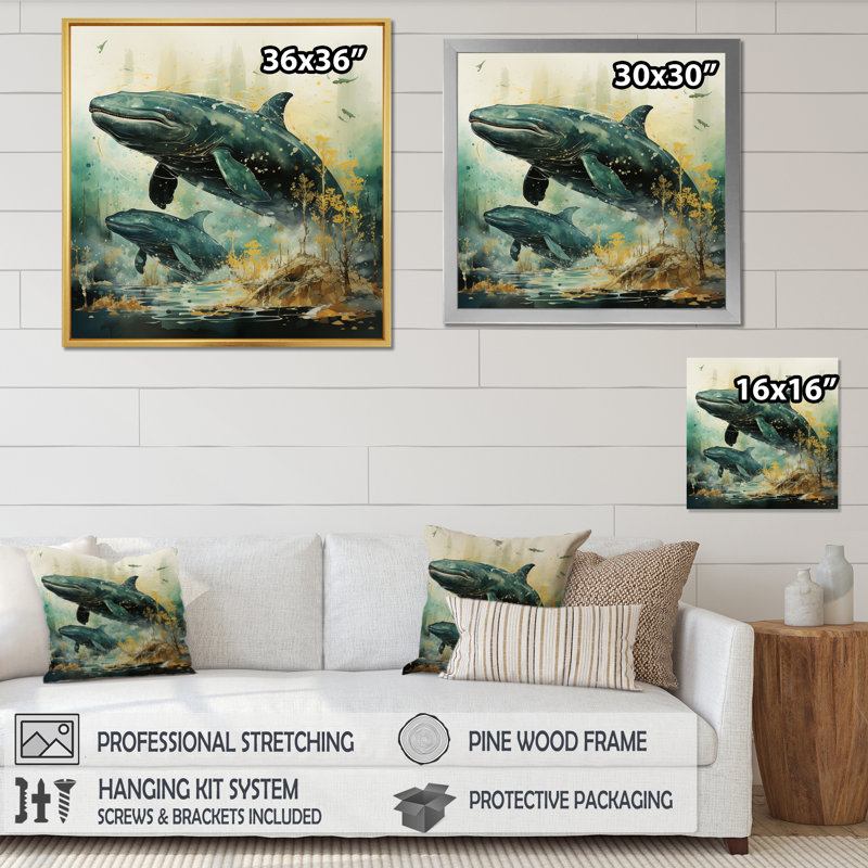 Grey Teal Marine Animals Whispering Whales - Animals Canvas Wall Art, H 24 po x l 24 po x P 1 po