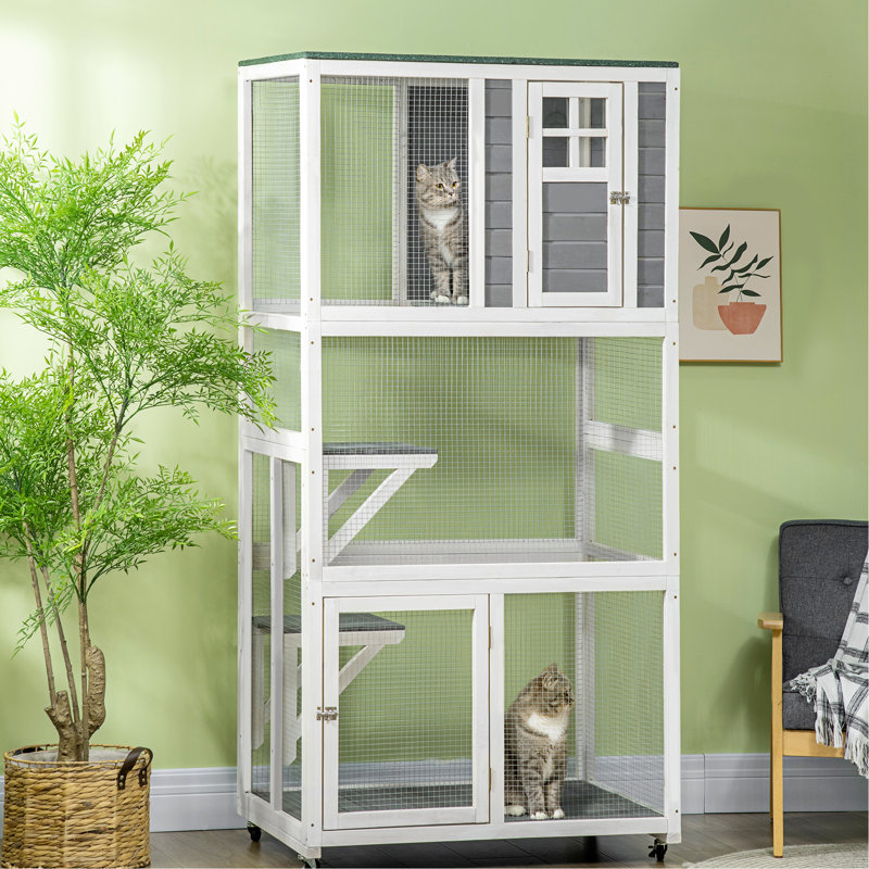 Chat d'extérieur de 74 po et sur roulettes, maison en bois pour grands félins, grande capacité, gris, sur roulettes, capacité silencieuse