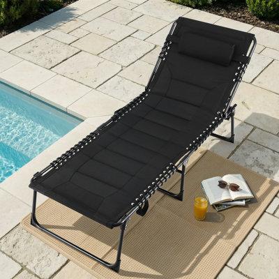 Padded Folding Lounge Chair, Portable Reclining Chair With Pillow & Side Pocket, Outdoor 5-position Adjustable Chaise Lounger With Carrying Handle, Fo by Hokku Designs
