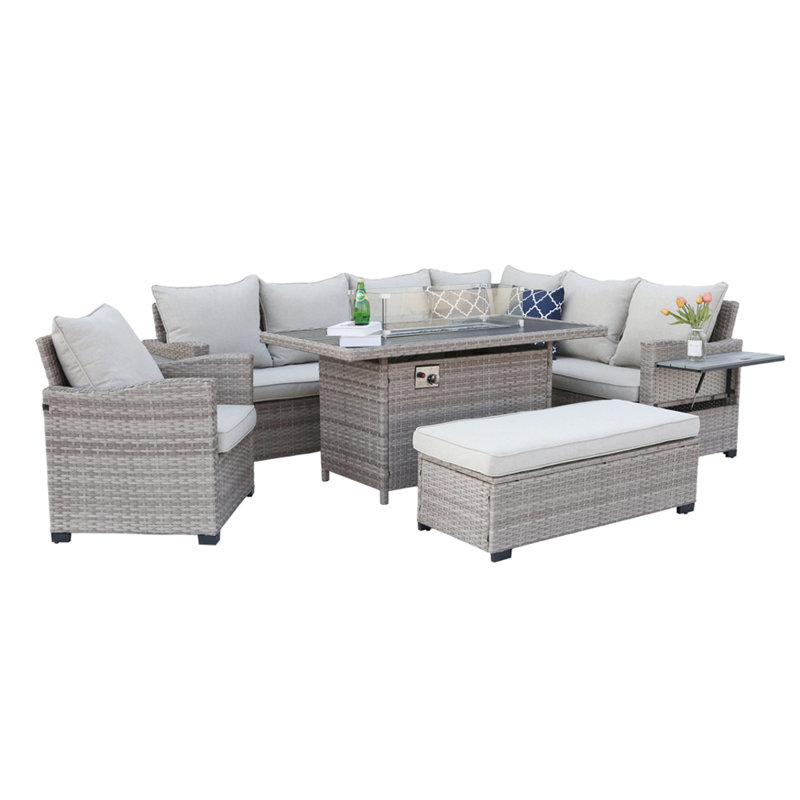 Wicker 9 - Person Garden Lounge Set with Cushions, Natural, Natural