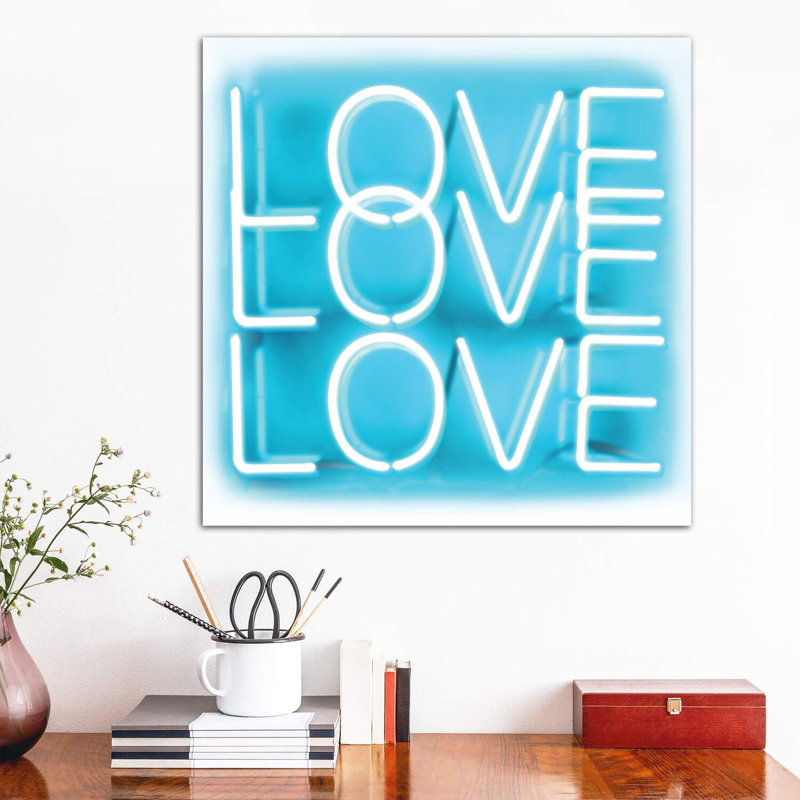 Neon Love Love Love Aqua On White by Hailey Carr - Wrapped Canvas Print, 66.04 cm H x 66.04 cm W x 3.175 cm D