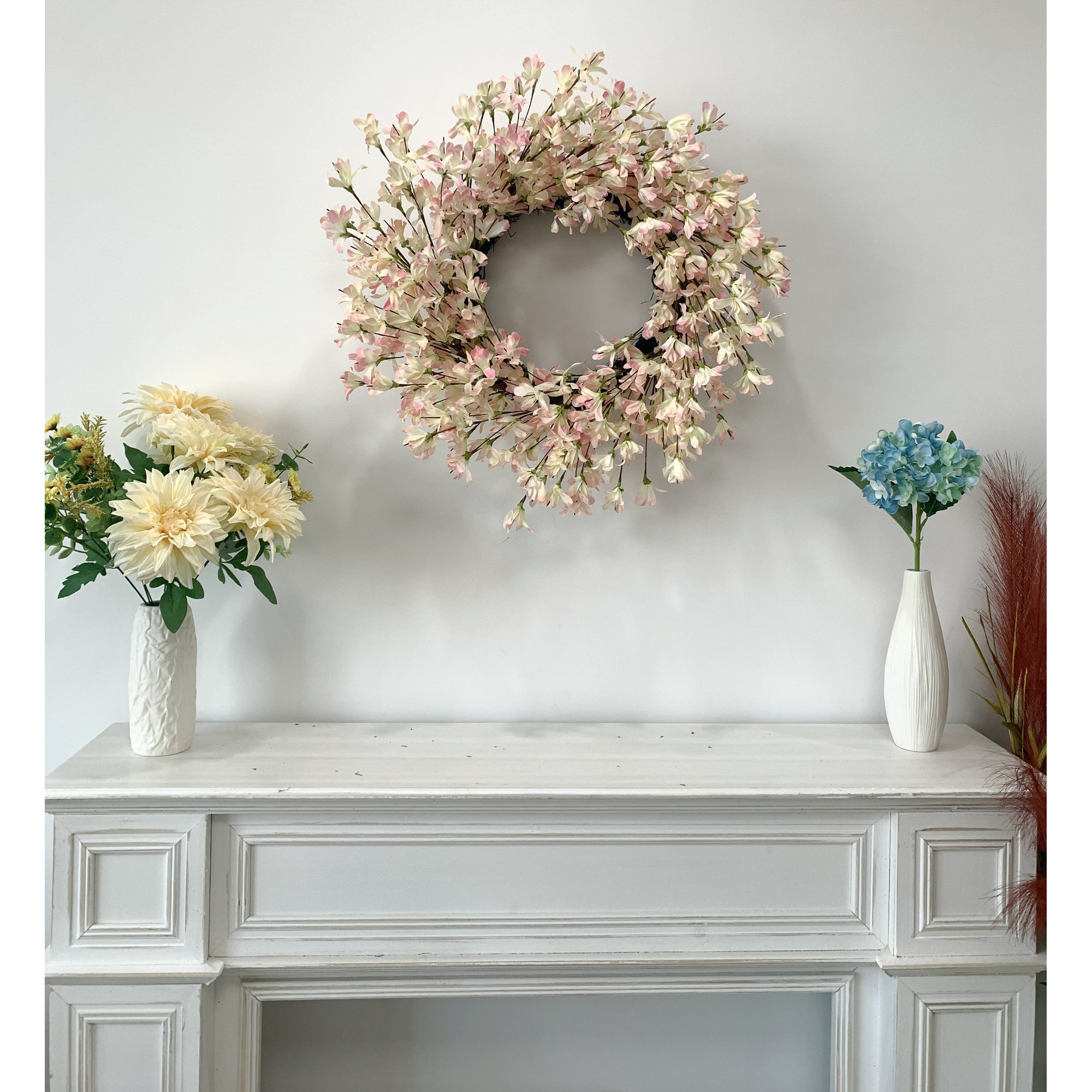 24" Handcrafted Faux Forsythia Silk Wreath for Front Door, Pink