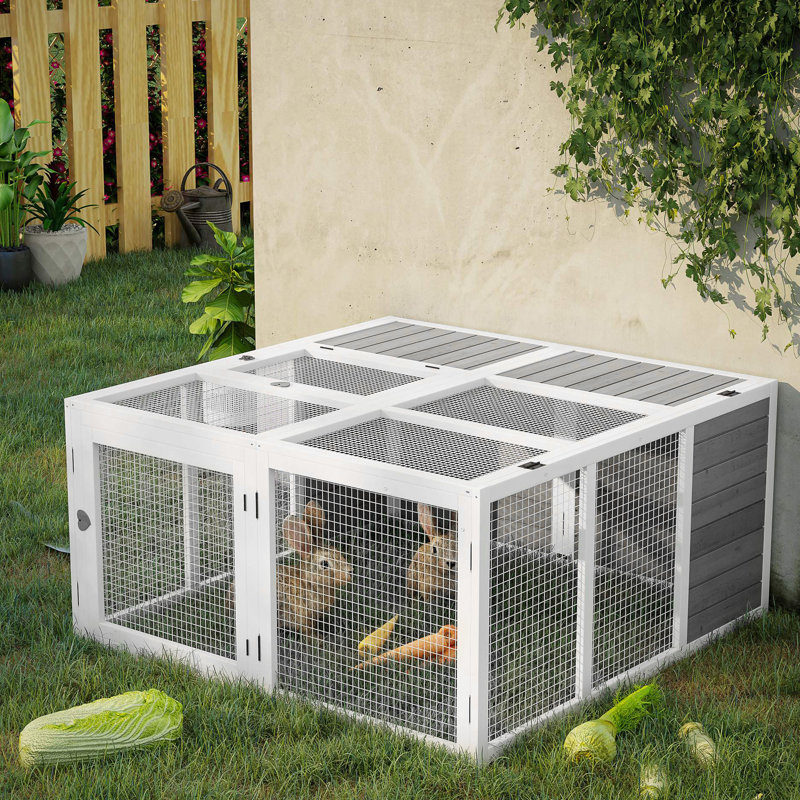 Lapin en bois pour 1 à 4 lapins, cage extérieure avec plateau et porte pliables, enceinte grise, entrée latérale sur le toit