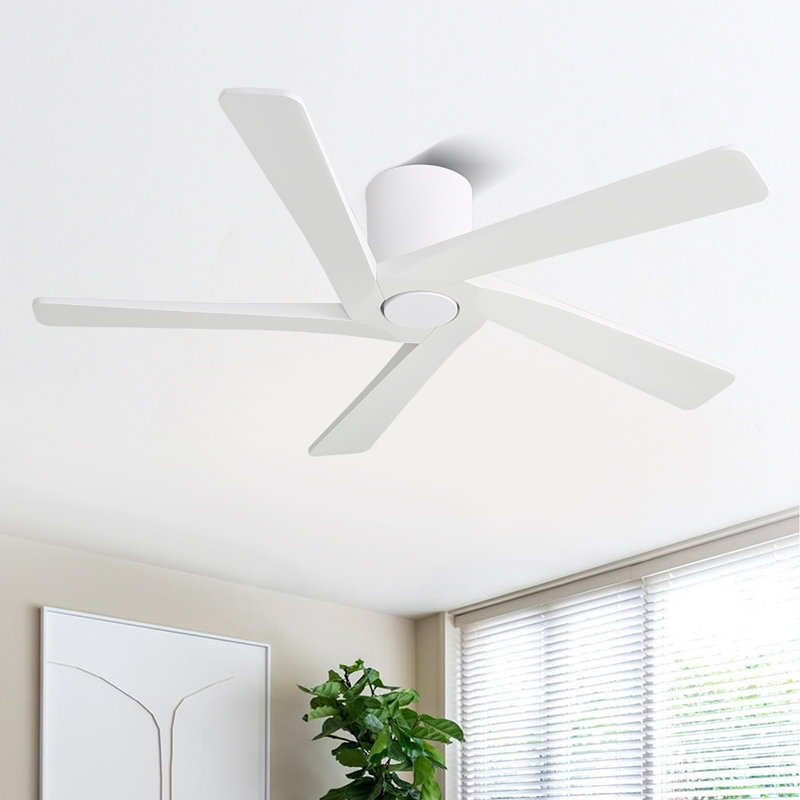 Ventilateur de plafond encastré à 5 pales en bois massif avec télécommande, Blanc, Grain du bois, 54 po de largeur