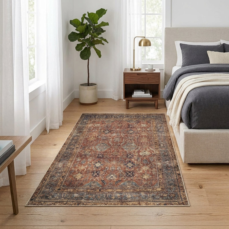 Machine Washable Non-Slip - Terracotta / Mustard Traditional Rug, Rectangle 2' x 3'