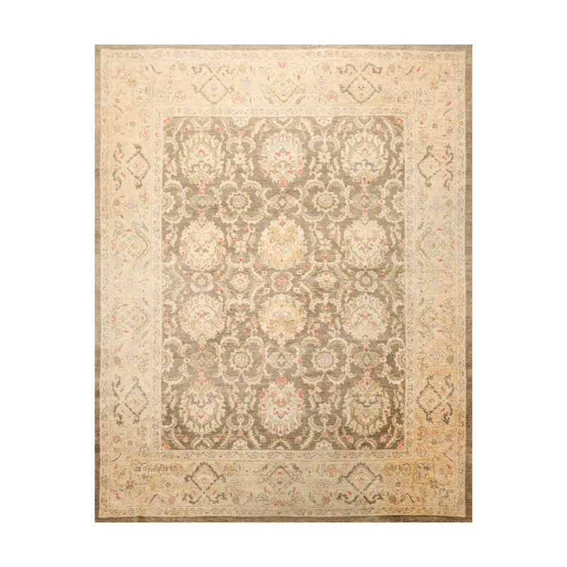 Tapis vert olive en laine noué à la main de conception unique 7 pi 11 po x 9 pi 10 po Elwin
