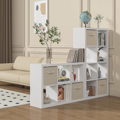 Bookshelf with Storage Bins, 8-Cube Storage Organizer Wooden Bookcase Open Book Shelf, White