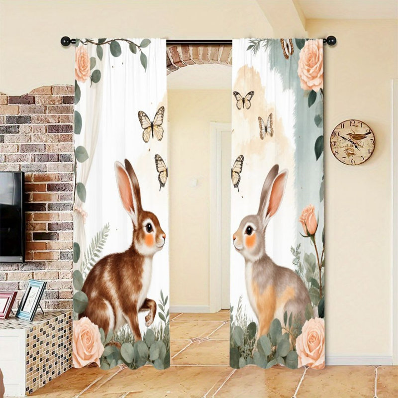 2 pièces mignons lapins avec papillons et roses, style aquarelle, thème de jardin, rideaux décoratifs pour le salon
