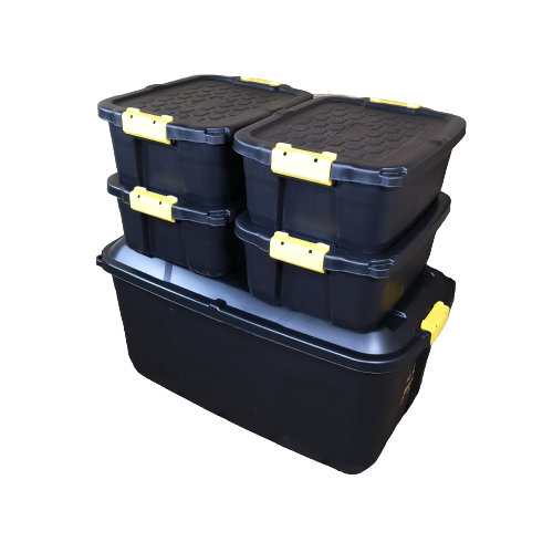 Bulkley 1 X 145L AND 4 X 24L Heavy Duty Trunks 1 On Wheels Sturdy, Lockable, Stackable And Nestable Design Storage Chest With Clips In Black