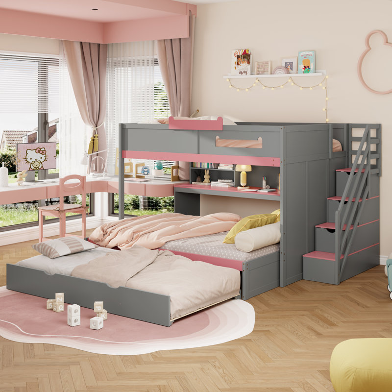 Lit superposé en bois avec couchette, tablettes et éclairage à DEL Vexor, Gris