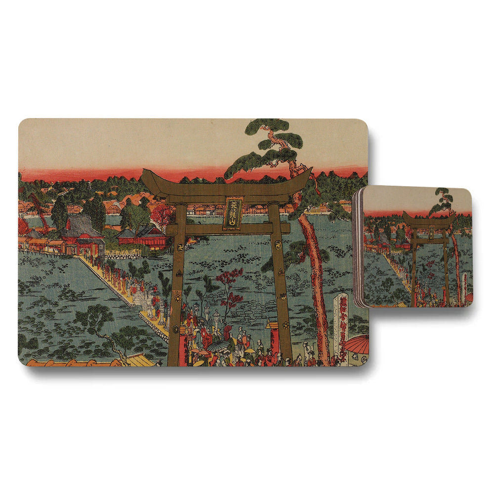 Traditional Japanese Print Placemat And Coaster Set With Torii Gate