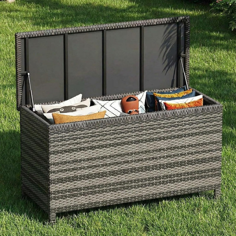 125 Gallon Wicker Deck Box, All-Weather Outdoor Storage Bin for Patio Cushions, Pool Supplies & Garden Tools, Gray