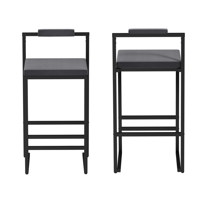 Tabourets de bar rembourrés en velours à hauteur de comptoir pour îlot de cuisine, ensemble de 2 chaises de salle à manger modernes avec repose-pieds et dossier (noir et gris)