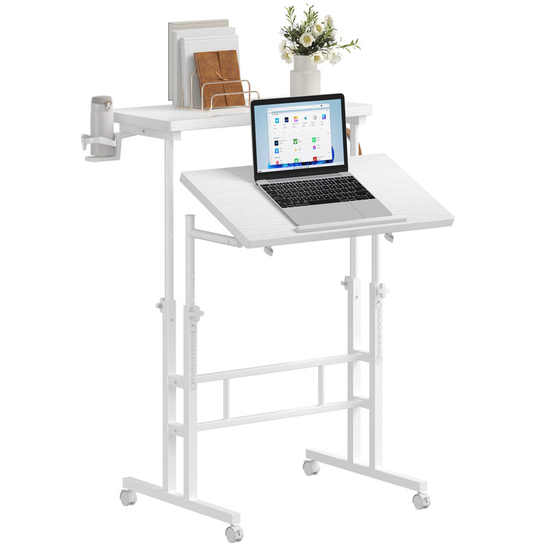 Mobile Height-Adjustable Standing Laptop Table with Tiltable Tabletop, White/White