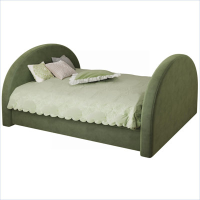 Upholstered Velvet Platform Day Bed, Full Size Pull-Out Sleeper, Padded Headboard and Footboard, Green-toned