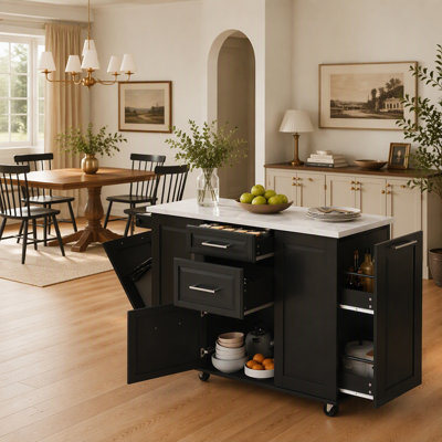 Kitchen Island with Storage, Tilt Trash Can Cabinet, and Pull-Out Organizer on 5 Wheels, Black