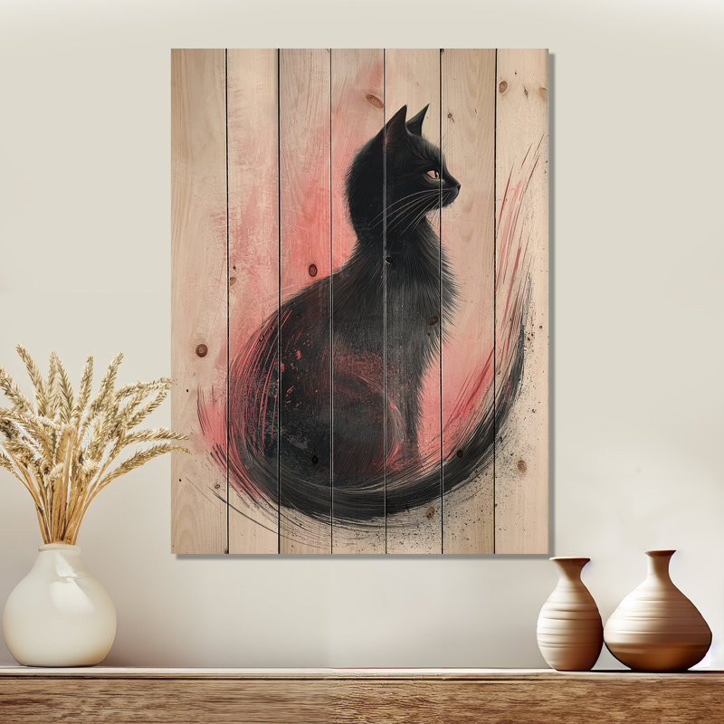 Feline Grace noir et rose - impression sur bois de chat - sur bois de pin naturel, H 40 po x l 30 po x P 0,78 po