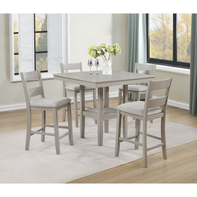 Rustic Farmhouse 5-Pc Counter Height Dining Set Square Table Wood Top Bottom Display Shelf Linen Look Fabric Upholstery Chair Wooden Dining Room Furniture Greige Color Finish Dinette