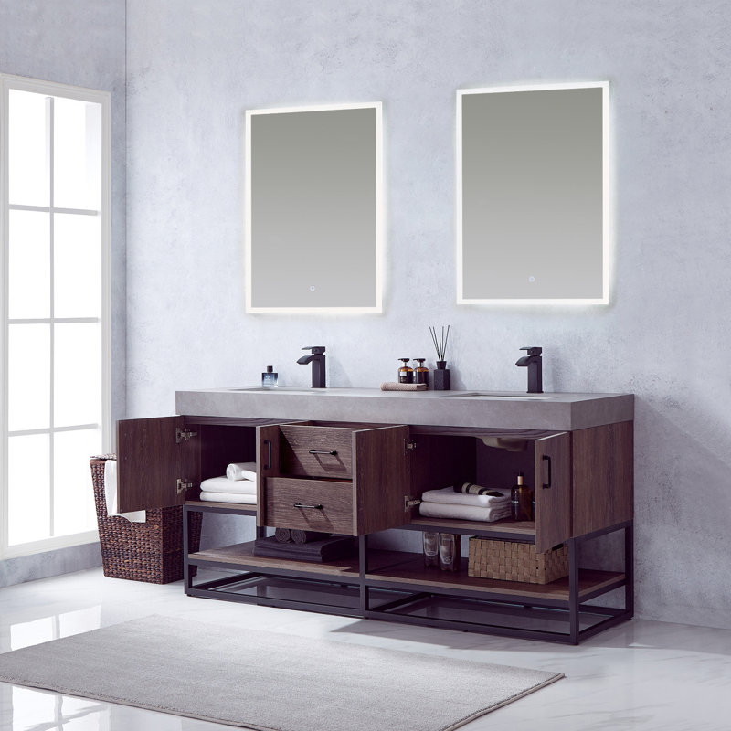 Alistair 72'' Double Bathroom Vanity with Engineered Stone Top, Matte Black, Natural Oak, White