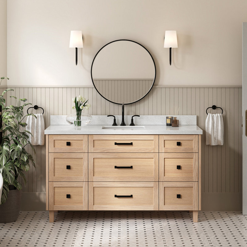 Meuble-lavabo à simple cuve en bois massif 61 po ARIEL Monroe, Chêne, 60" - 61", Marbre de Carrare italien