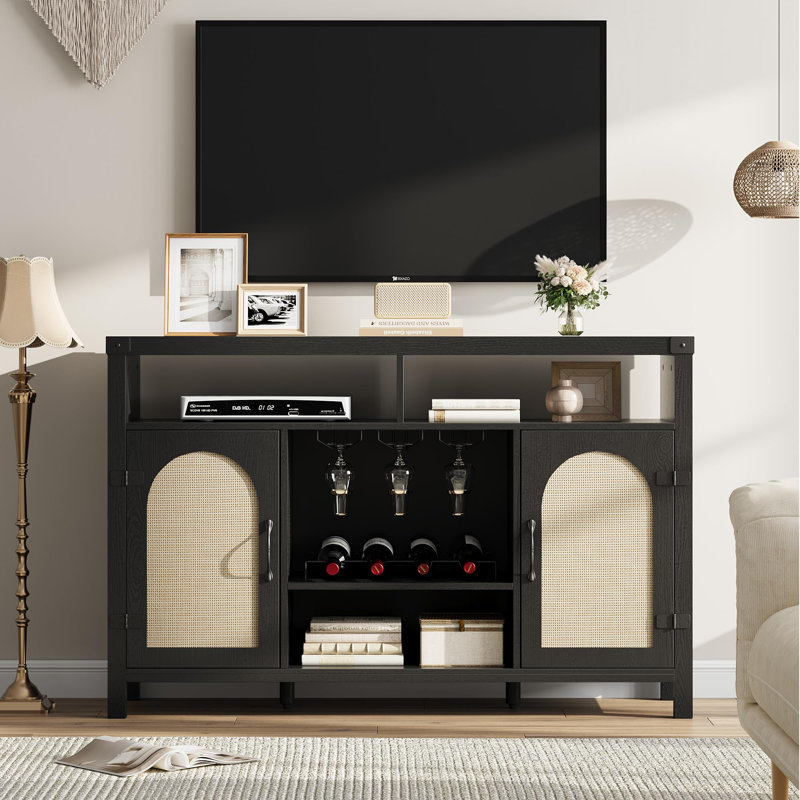 52" Rattan Sideboard Buffet Cabinet with Drawer, Wine Racks &Open Shelves, Boho Coffee Bar Cabinet, Black