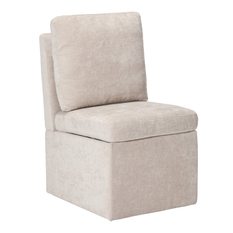 Chenille Upholstered Dining Chair With Storage With Casters, Beige