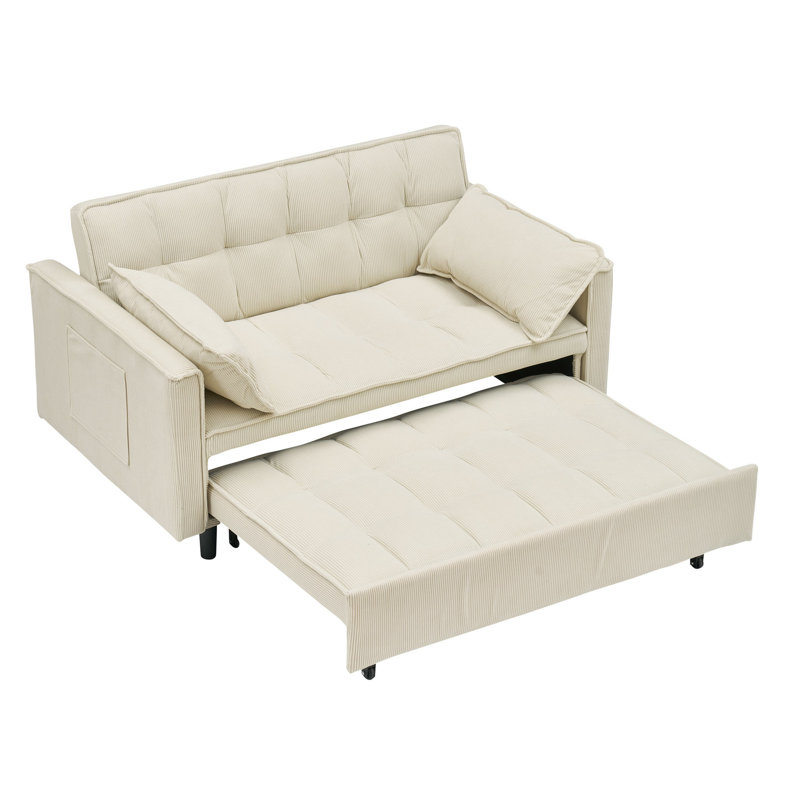 Lit simple tapissier de 53,73 pouces avec velours côtelé beige, support de planches, 2 coussins en éponge et cadre de panneau en bois massif, lit moderne décoré à la maison, coussins rembourrés, décoration de bureau