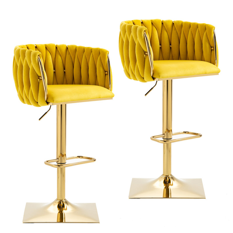 Swivel Adjustable Height Bar Stool with Golden Base, Yellow Velvet