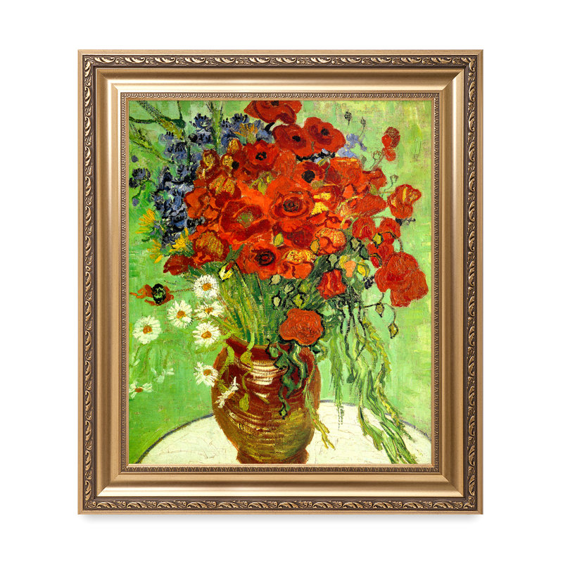 Coquelicots et marguerites rouges, H 20 po x l 24 po, Cadre doré