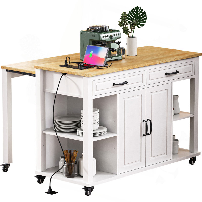 47 Inch Kitchen Island With Extendable Dining Table, Rubber Wood Veneer Kitchen Table With Internal Storage Rack, Power Outlet, Kitchen Island With Storage 2 Drawers 2 Cabinet