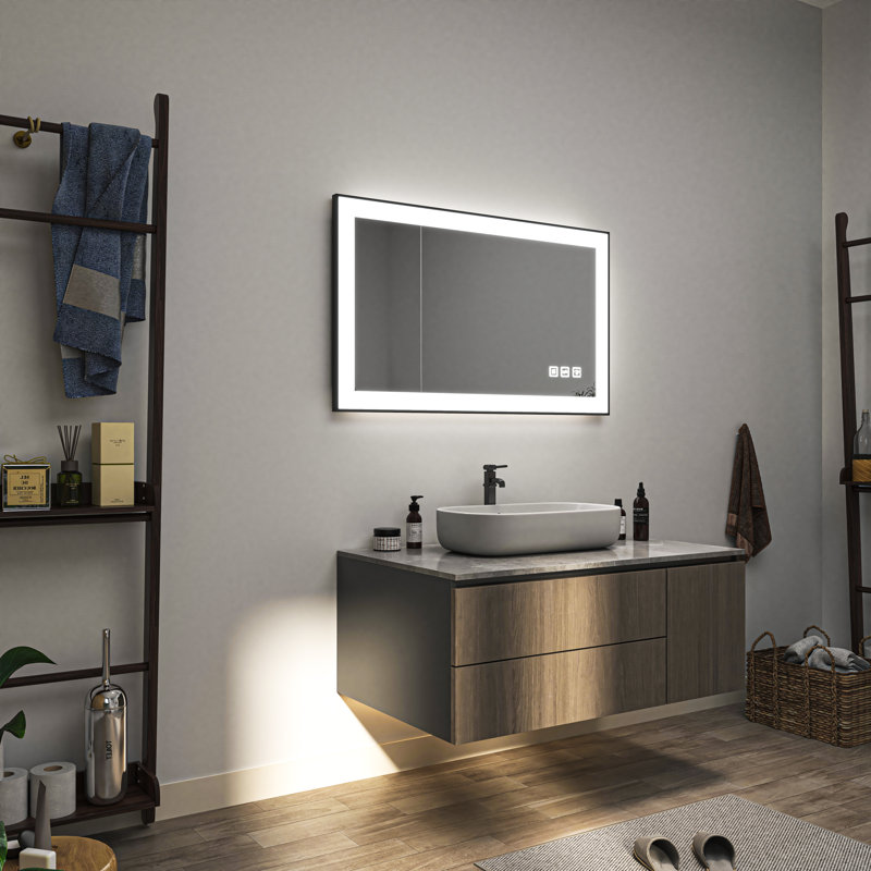 Miroir de salle de bain multifonctionnel lumineux à DEL - Miroir d'appoint mural élégant avec bordure noire, éclairage antibuée et à intensité variable