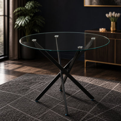Table ronde moderne en verre trempé de 90 cm (35,43 po) avec cadre noir. Idéale pour la cuisine, la salle à manger, les réceptions, les conférences, le salon, le bureau, un café, la cuisine ou la chambre.