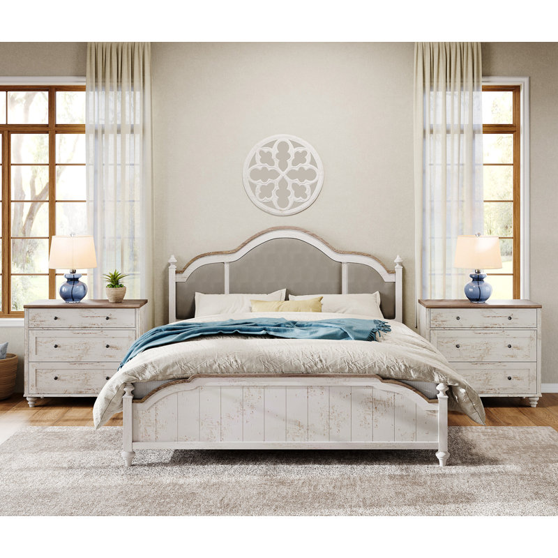 Scarlett Mid-Century Modern 3-Drawer Nightstand, Rustic White/Brown, Set of 2