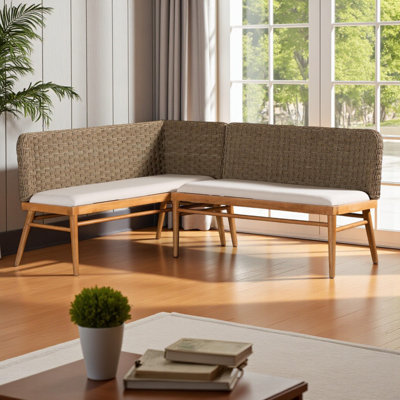 Brock 2-Piece Dining Nook Set in Natural Seagrass & Acacia Wood, 32.53" H X 72.91" W X 23.38" D