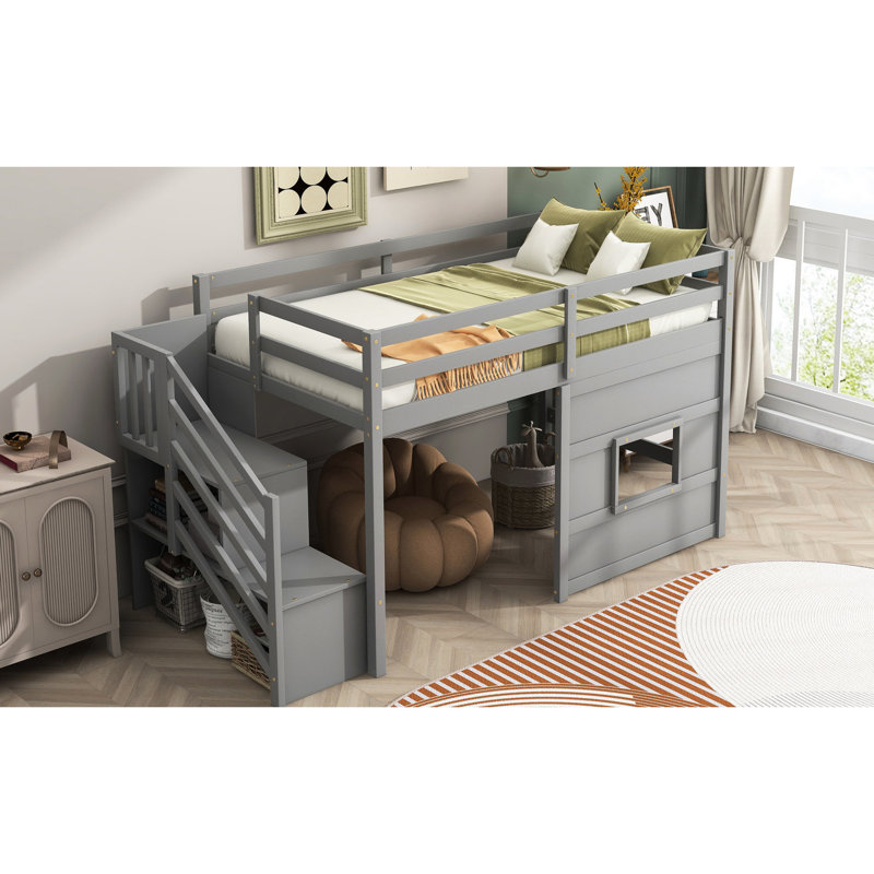 Lit mezzanine simple gris avec escalier de rangement et fenêtre - Structure en bois robuste pour chambre à coucher, Gris
