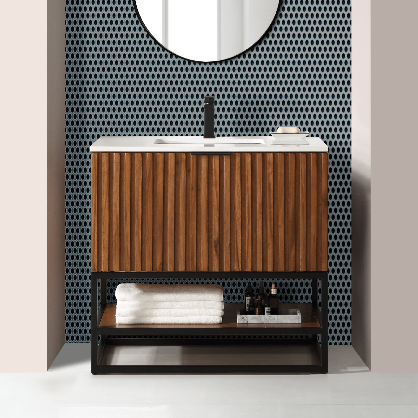 Terra 36'' Single Bathroom Vanity, Walnut, Matte Black, Calacatta Quartz/Widespread Faucet Mount