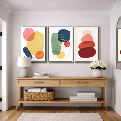 Abstract Vibrant Color Blocks "Boho Bold Bright Circle Artwork, Geometric Colorful Modern Wall Pictures, Framed Canvas Giclée Print 3 Pieces Wall Art" 16"x24"x3 pcs, 24"x36"x3 pcs