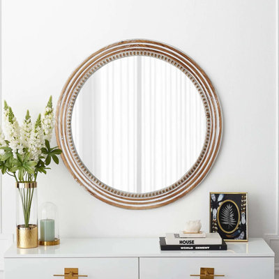 Miroir mural rustique blanc rond avec perles 24,16 pouces, embellit les espaces de vie dans la chambre à coucher, entrée de cuisine, pouces de perles décoratives, transforme l'apparence de l'entrée,