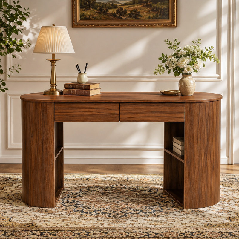 Bureau double moderne avec base demi-cylindre, bureau d'ordinateur et bureau avec tablette ouverte et 2 tiroirs, Noyer