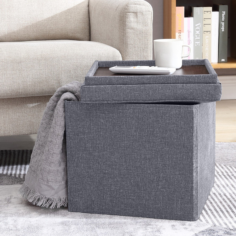 Hilsa Upholstered Ottoman, Gray Linen Blend