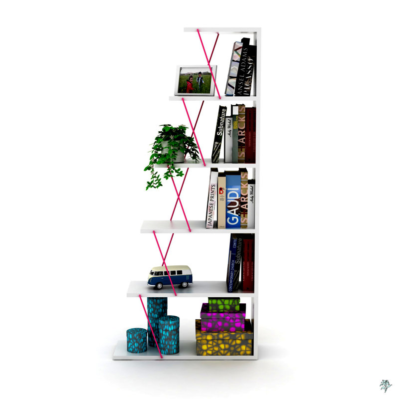 5 Tier Ladder Bookshelf Organizers, Narrow Bookshelf, White/Gold