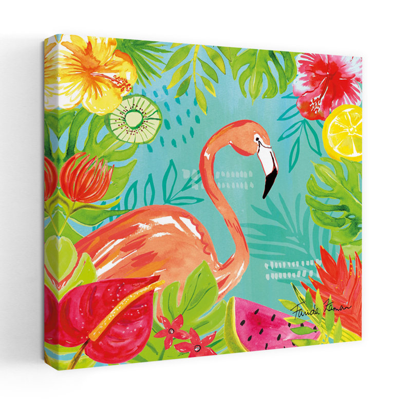 Tutti Frutti IV, oiseau, flamant rose, hibiscus, art tropical, H 32 po x l 32 po
