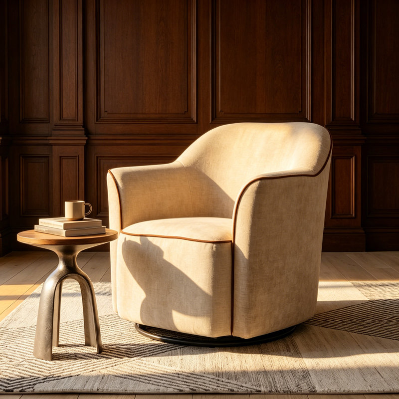 Fauteuil demi-tonneau en chenille, Beige Chenille