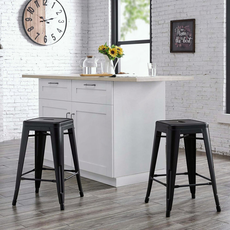 Ensemble de 2 tabourets de bar industriels sans dossier - noir mat - siège 30 po - pieds en métal, Noir