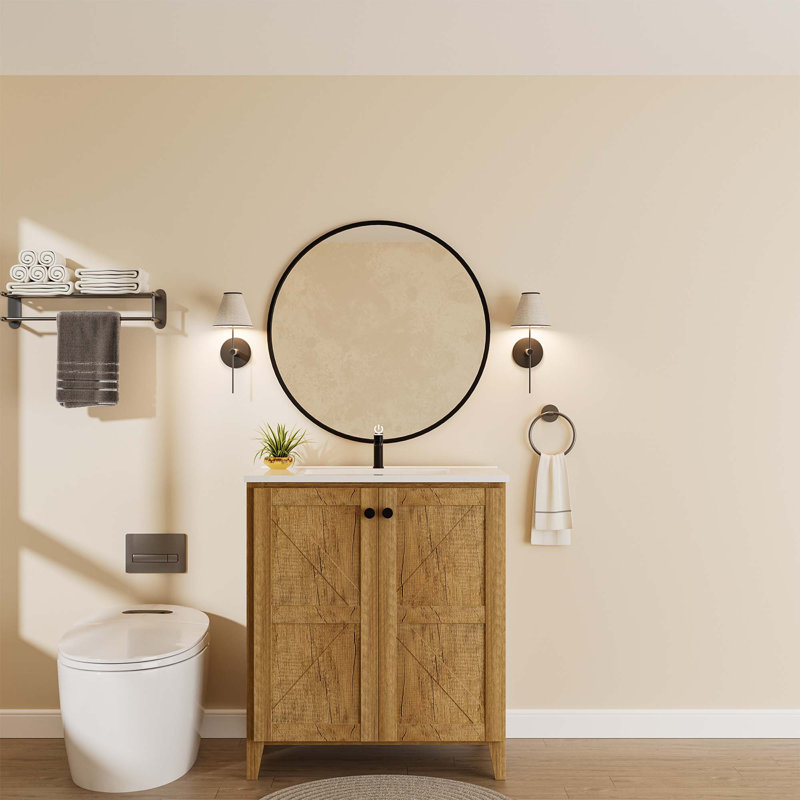 Armoire de salle de bain autoportante de 30 pouces de style américain avec lavabo en céramique - Installation brevetée en 1 minute, peu encombrante et facile à assembler