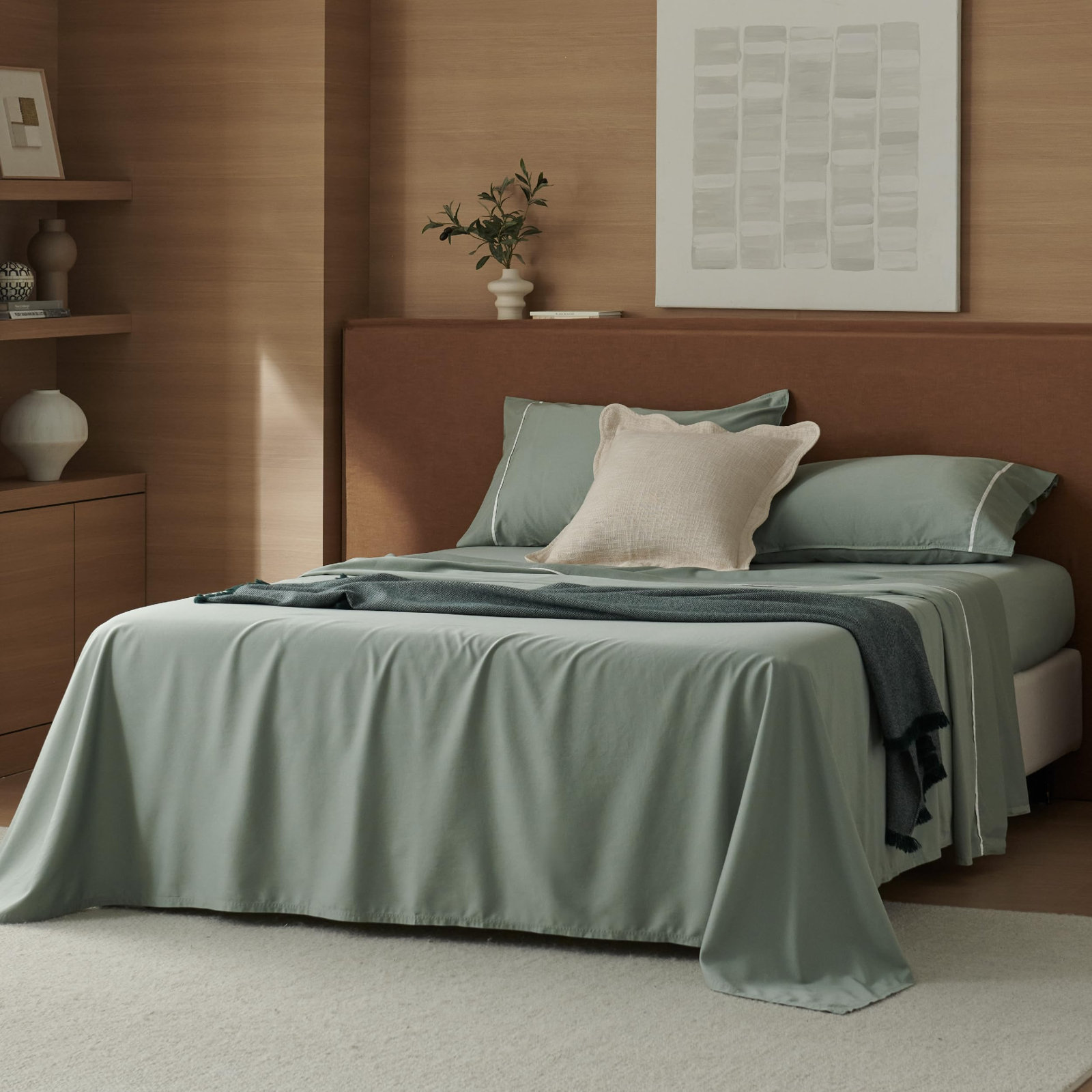 Double Stitch Cotton Tencel Solid Sheet Set, Sage Green Contrast, California King Sheet Set
