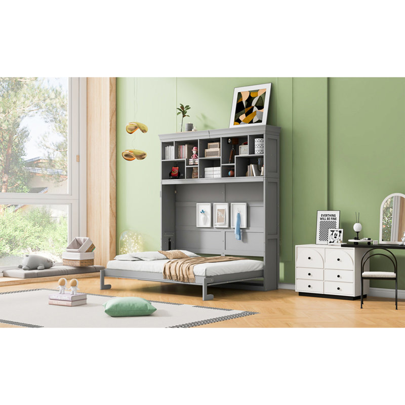 Grand lit escamotable mural avec tablettes supérieures et USB, gris, Gris